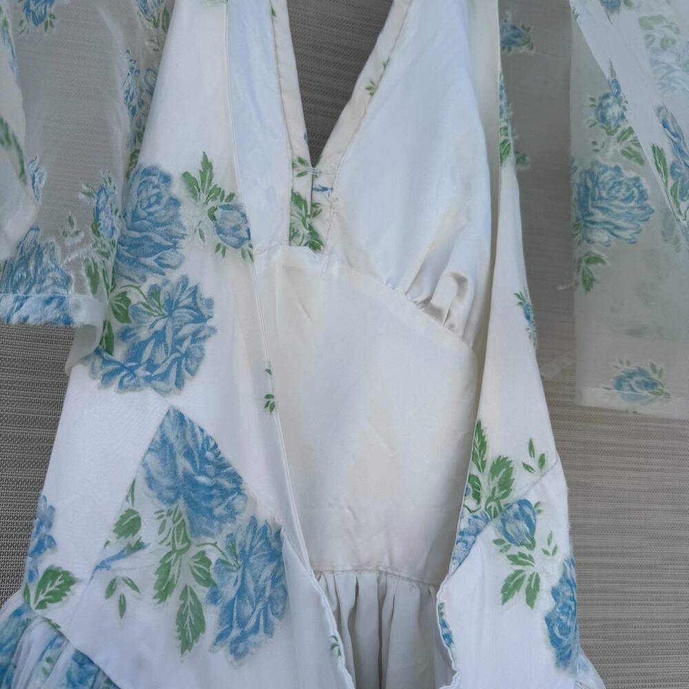 Vintage Floral Halter Maxi Dress with Sheer Cape Romantic Satin Gown Low Back XS - Picture 9 of 10
